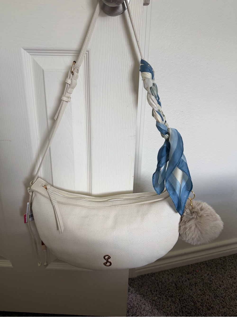 Cream Shoulder Bag with Blue Scarf Accent